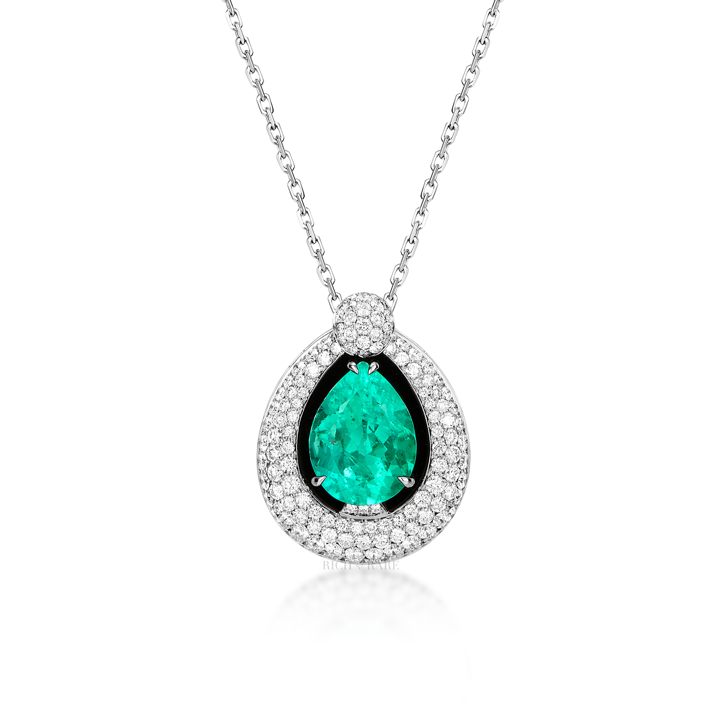 EMERALD, ONYX AND DIAMOND PENDENT NECKLACE